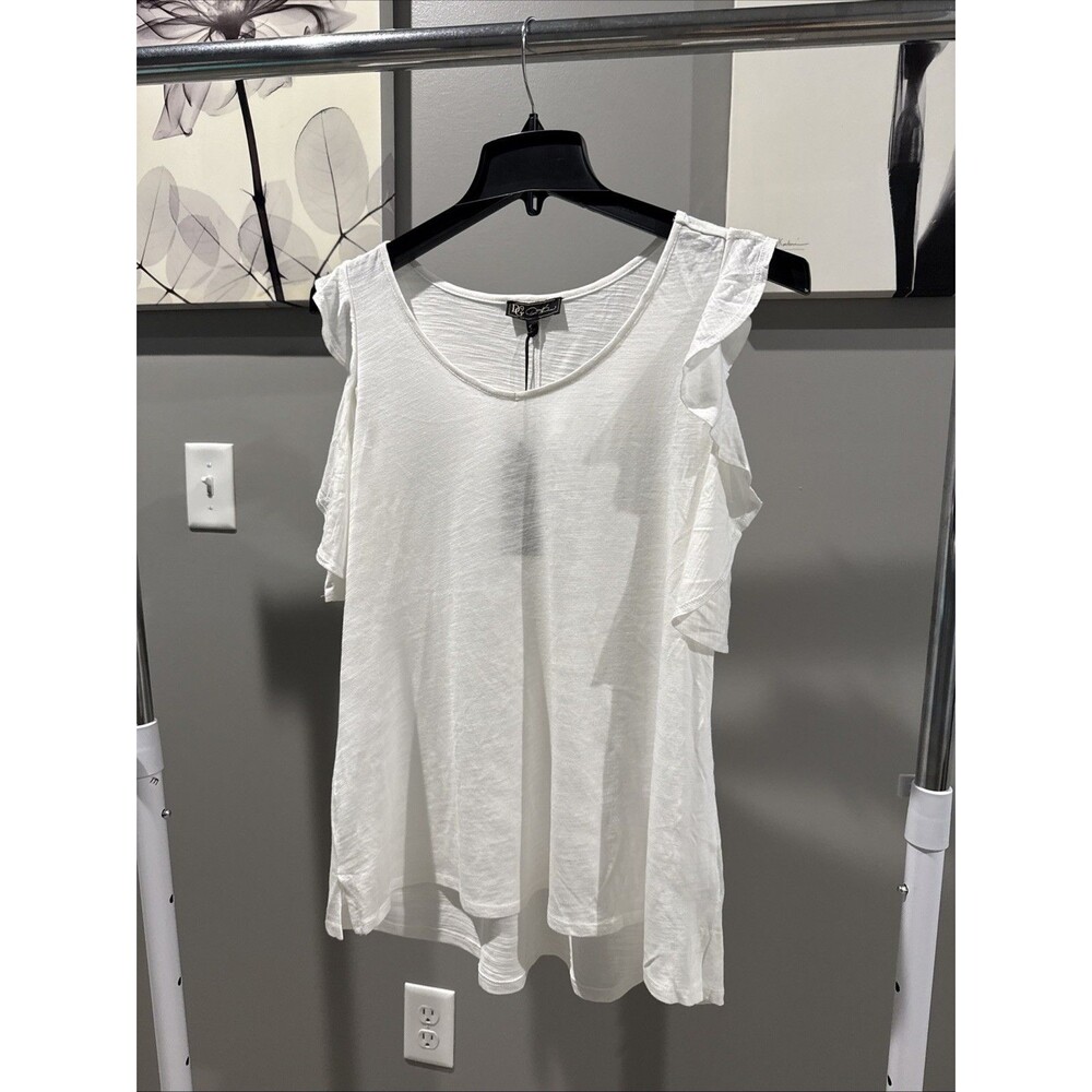 NWT DG2 by Diane Gilman Womens White Cold Shoulder Ruffle Size Small